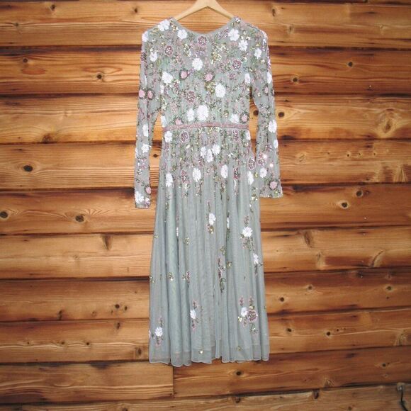 MAC DUGGAL 5716 Green Sequined Floral Long Sleeve High Neck Midi Dress - Picture 5 of 15